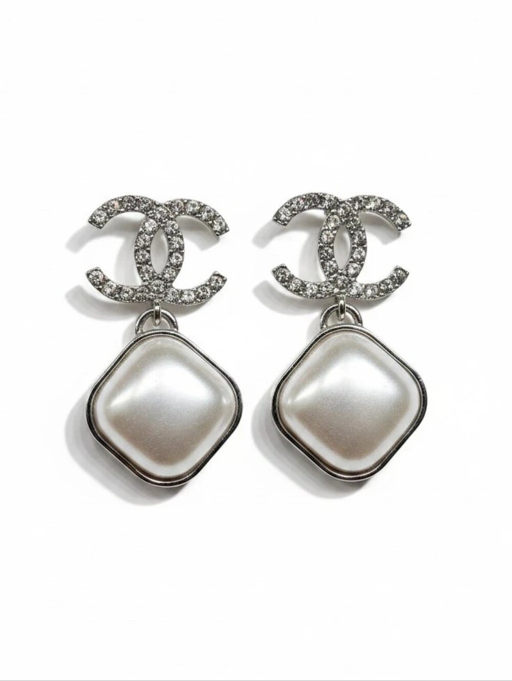 Silver-Tone Crystal CC Logo Drop Earrings with Pearl Cabochons